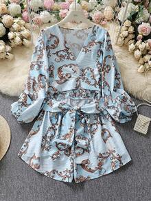 Mono con estampado floral aleatorio y cuello en V de manga larga de moda - Azul - Ver 3