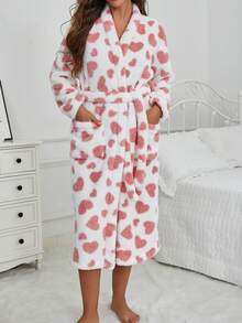 1pc Women's Heart Print Fluffy Bathrobe With Pockets & Waistband Design, Sweet & Elegant, Thickened Thermal Lining, Suitable For Autumn/Winter, Can Be Worn Outdoors As Casual Loungewear, Fall, Cozy - Multicolor - View 4