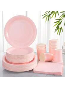 Light Pink Disposable Plates & Napkins, Light Pink Plates And Napkins Party Supplies, Fits 24 Guests, Disposable Paper Plates Party Tableware Suitable For Birthday, Wedding, Party, Family Picnic