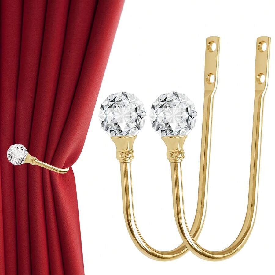 2 Pcs Curtain Holdbacks With Clear Ball, Decorative Wall Mounted Drapery Tiebacks With Screws, Window Treatment Holdbacks For Home Decor - Gold - View 1