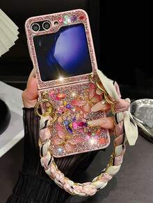 Capa de Telefone Moda Borboleta de Diamante Brilhante, Compatível com Samsung Z Flip 6 7 5 Z Flip 4 3, Alça de Pulso Lenço, Capa Protetora, À Prova d'Água, à Prova de Choques, Anti-Queda, Anti-Arranhões - Rosa chiclete - View 1