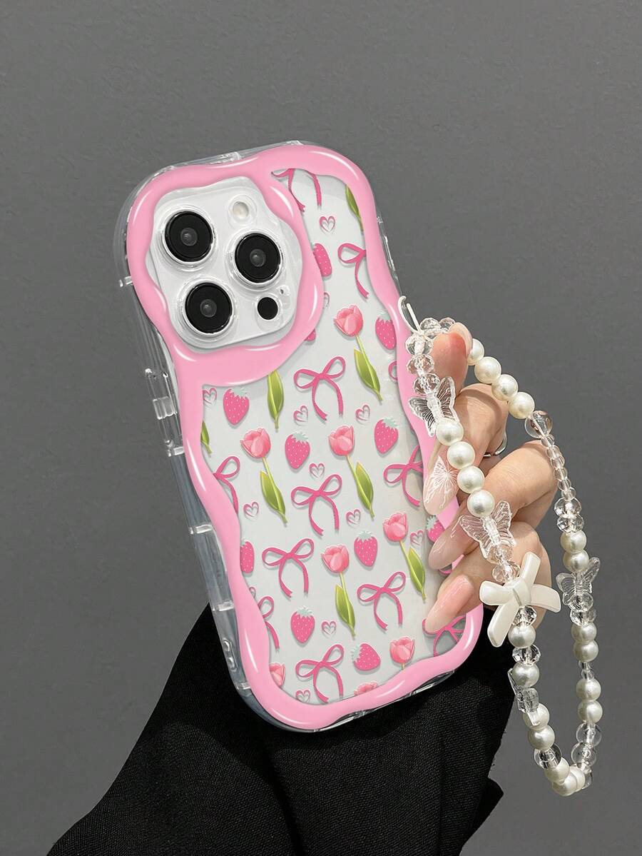 1 件时尚亮面草莓和郁金香印花加厚防摔手机壳，带挂绳，适用于 iPhone16PROMAX/15/14/13/12/11/Xsmax、GalaxyA06/A16/A26/A36/A54/A55/A56/S23/S24/S25ultra