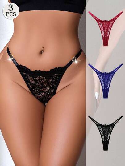 3 sztuki/zestaw damskich kryształków w kształcie serca, klamra, dekoracja, koronka kwiatowa, wygodne, seksowne stringi
