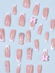 24pcs/Set Long Coffin-Shaped White French Acrylic Nail Stickers, Pink Bow & Heart Pattern With Rhinestones, Includes 1 Gel Polish And 1 Nail File, Suitable Women And Girls, Daily And Party Nail Art Supplies - Nhiều màu - Xem 3