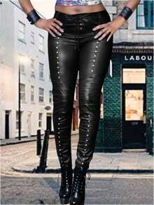Women's Faux Leather Lace-Up Pants – Gothic Rock Skinny PU Moto Leggings Christmas Gift & New Year Gift - 黑色 - 查看 1