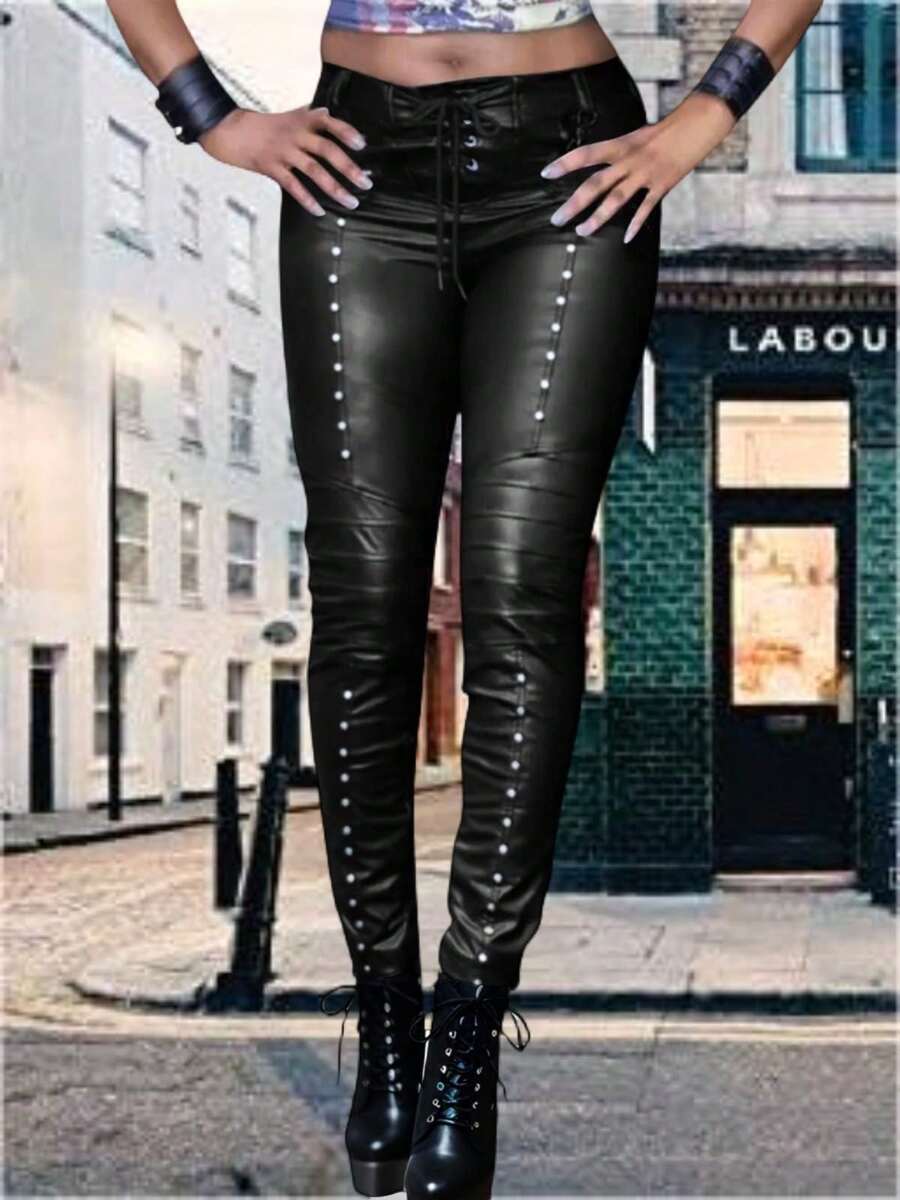 Women's Faux Leather Lace-Up Pants – Gothic Rock Skinny PU Moto Leggings Christmas Gift & New Year Gift - 黑色 - 查看 1
