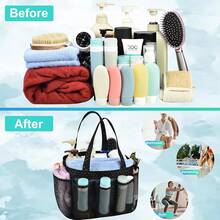 Mesh Shower Caddy Portable For College Dorm Room Essentials, Shower Caddy Tote With 8 Pockets Large Capacity, Shower Bag For Beach, Swimming, Gym, Pink - Black Gold Dot - View 3