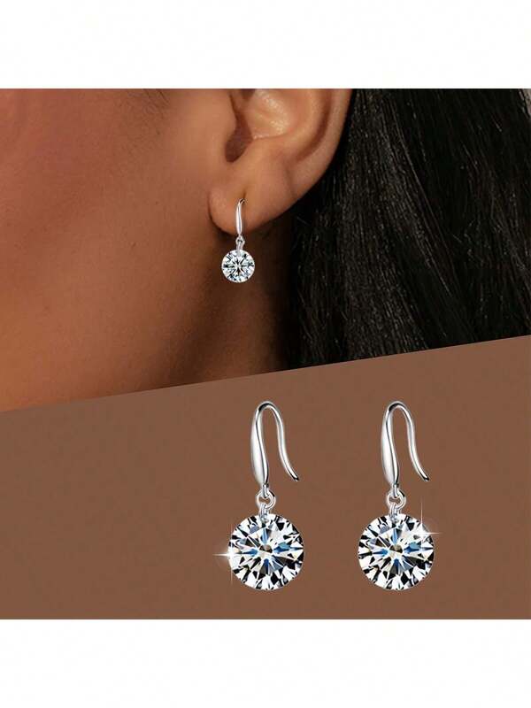 1pair Elegant Silver Cubic Zirconia Drop Earrings Glitter Style Women's Gift For Christmas & Parties
