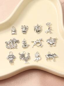 12 件十二生肖鼠牛虎蛇吊坠动物配饰 - 復古銀色 - 查看 2