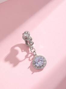 1pc 8mm Zirconia Stone & 3 Diamond Seamless Fake Belly Button Ring For Women, Basic Non-Piercing Navel Ring For Everyday Wear