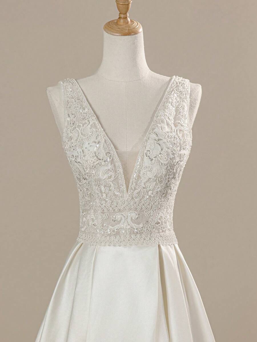 New Gorgeous Sleeveless Deep V-Neck High Slit Wedding Dress, White