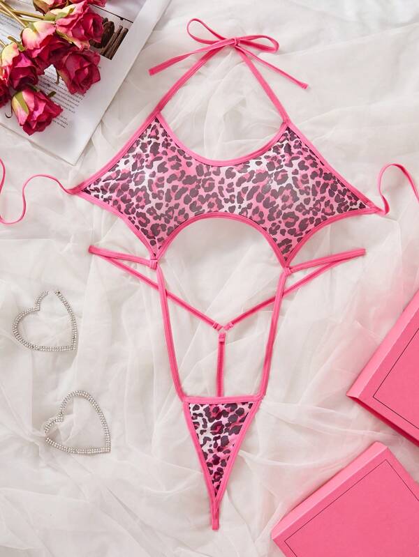 Conjunto de lingerie feminina com estampa de leopardo para o verão, macacão com estampa de chita para mulheres, amarração nas costas, costas nuas, bodies transparentes para mulheres