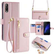 Compatible With Rakuten, Kyocera New Crossbody Fashion Model PU Material, Multifunctional Large Capacity, 6 Card Slots + 1 Money Clip + 1 Wallet, Hardware Strong Magnetic Buckle, Same Color Wrist Strap Rope + Shoulder Strap Rope Flip Mobile Phone Case Included - Pink - View 1