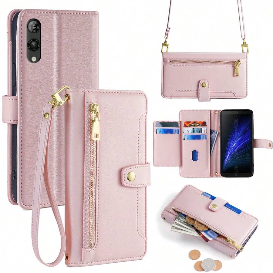 Compatible With Rakuten, Kyocera New Crossbody Fashion Model PU Material, Multifunctional Large Capacity, 6 Card Slots + 1 Money Clip + 1 Wallet, Hardware Strong Magnetic Buckle, Same Color Wrist Strap Rope + Shoulder Strap Rope Flip Mobile Phone Case Included - Pink - View 1