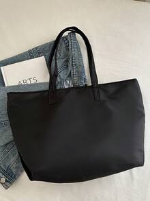 1pc Stylish Solid Color Minimalist Large Capacity Shoulder Tote Bag, Tote Bags For School,College Essentials - Black - View 7