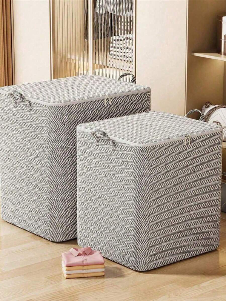 Una caja de almacenamiento plegable con manija, adecuada para organizar cosméticos. Cuenta con una gran capacidad hecha de tela no tejida y poliéster, diseñada con un elegante patrón de rayas grises, perfecta para la organización del armario, cajas para organizar, caja de almacenamiento, caja organizadora, organizadores, organizador de ropa, ideal para almacenar ropa y edredones - Multicolor - Ver 1