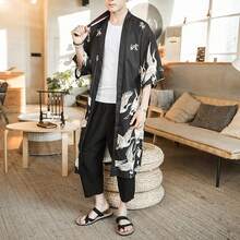 Men Japanese Kimono Coat Loose Yukata Outwear Long Bathrobe Tops Vintagehalloween - Đen ngắn - Xem 8