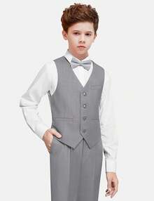 Boys Formal Suit Set - Suspenders Adjustable Waist Ring Bearer - 灰色背心 - 查看 3
