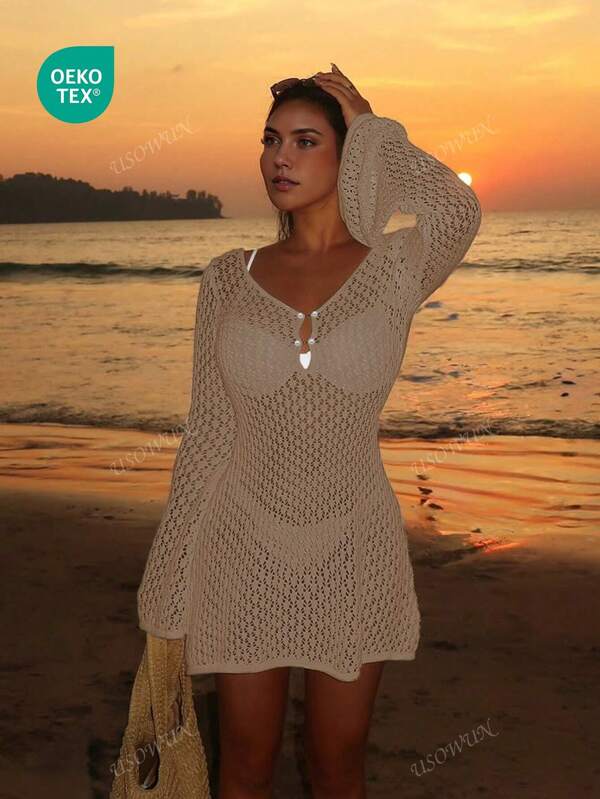 Women's Long Sleeve Hollow-Out Swimsuit Cover-Up, Elegant Boho Beach Vacation Style, V-Neck Short Dress