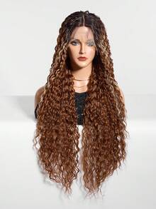 合成耐热蕾丝前假发，含婴儿头发 13*4.5*1 预拔发际线，合成耐热超长卷发波浪发 32 英寸，黑色，部分分离，日常使用，高品质，适合女性，外观自然，优质合成柔软，可穿戴