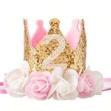 1pc Pink, White, Gold Flower & Sequin Felt Birthday Crown Hat For 1-5 Years Old Party