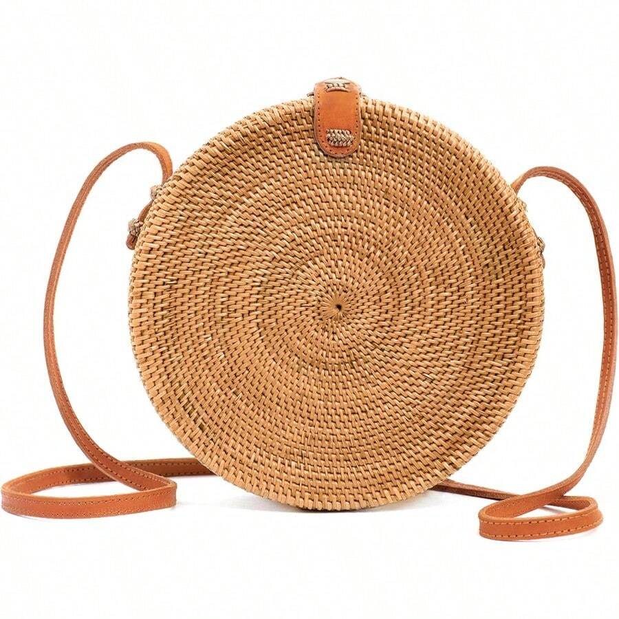 Vum Crafts Round Rattan Bag For Women Handmade Ata Wicker Woven Purse Circle Square Oval Brown Straw Boho Bags-0029 - NâuTrung bình - Xem 1