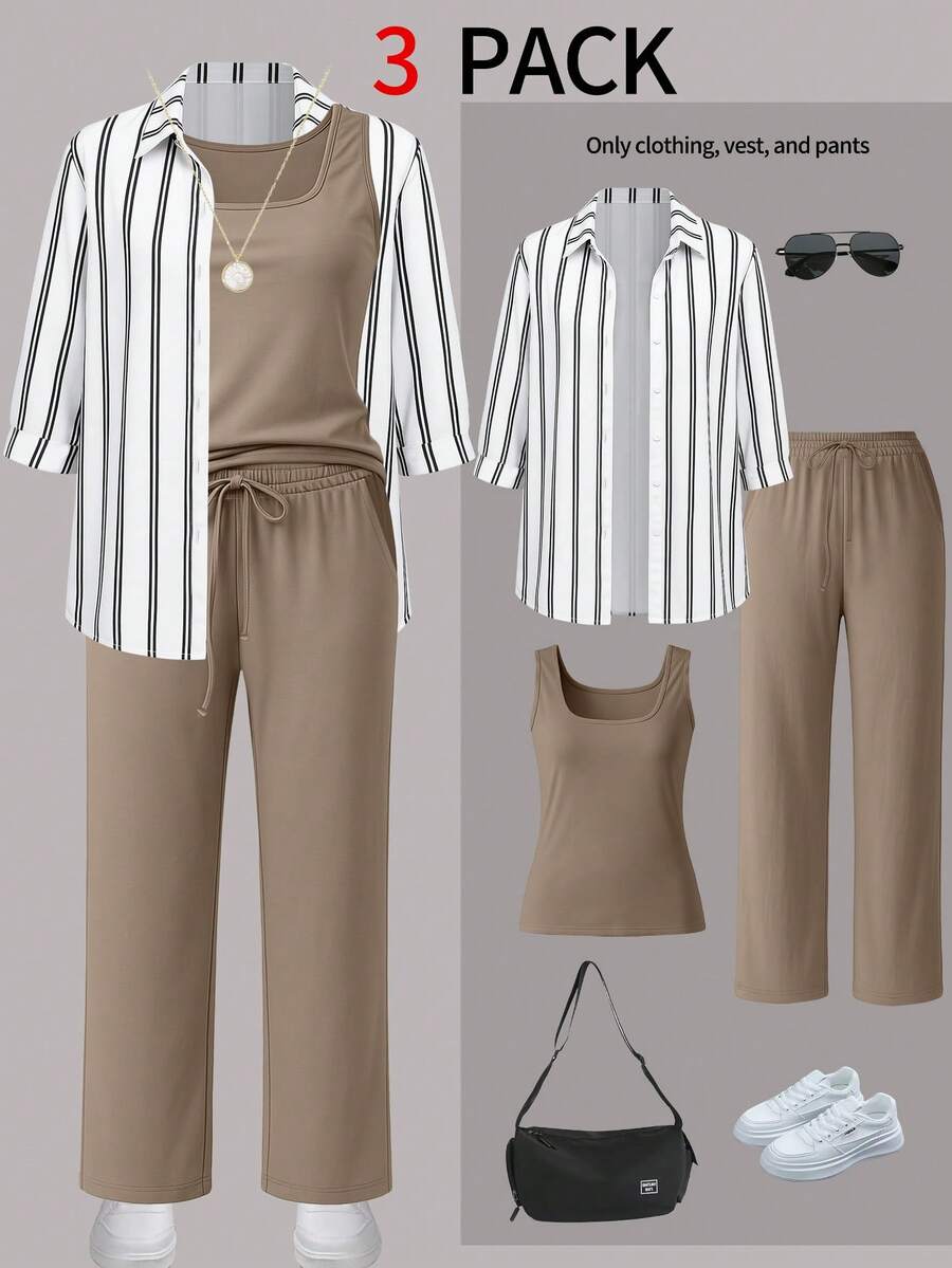Women's 3-Piece Casual Outfit Set For Fall/Winter: Striped Shirt Jacket, Sleeveless Square Neck Top, And Elastic Waist Wide Leg Pants With Pockets - Khaki - View 1