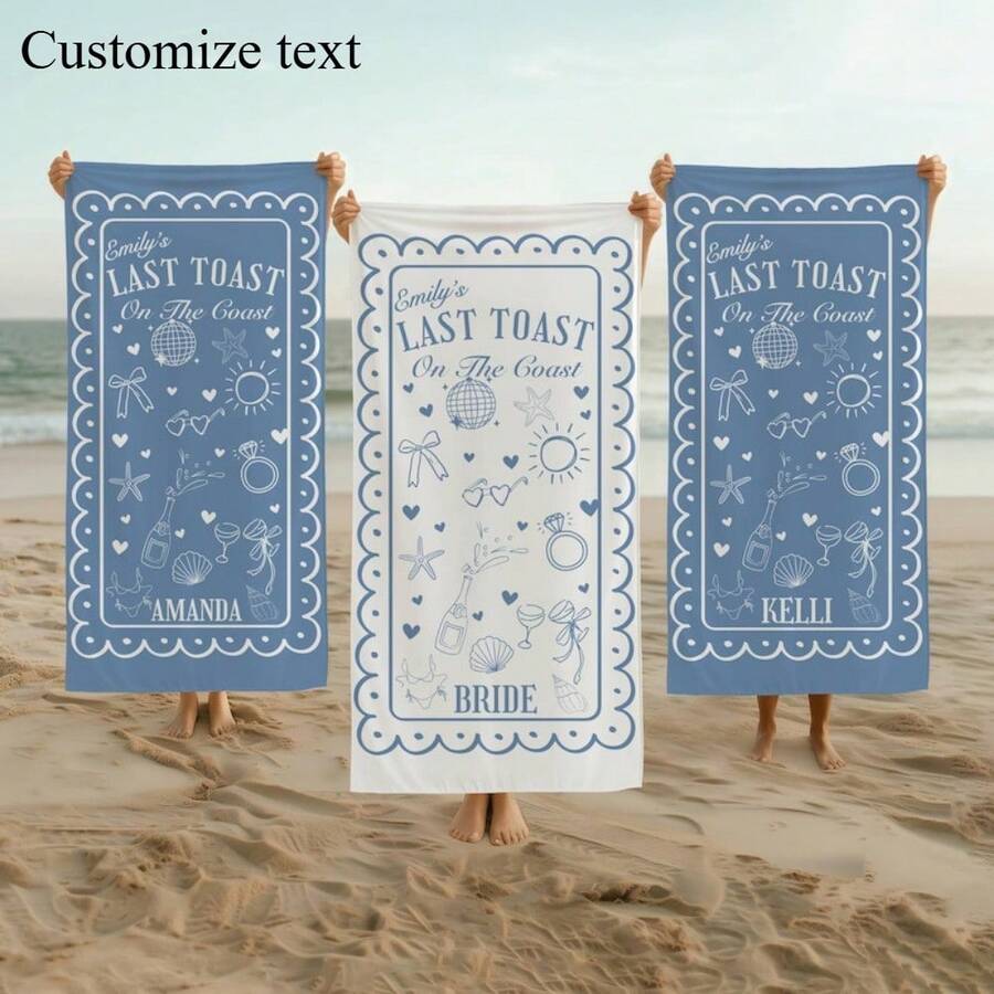 1pc 29″X58″ 31″X71″ Custom Bachelorette Beach Towel Personalized Last Toast On The Coast Bachelorette Party Pool Towel Bridal Party Gifts Beach Bachelorette - 白色 - 查看 1
