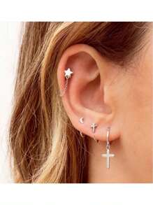 Juego de 3 pendientes aro dorados con baño de oro de 14K, pendientes colgantes con aros apilados en forma de corazón/estrella/luna, apropiados para mujeres, de estilo de moda.