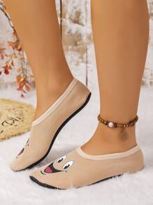 Women's Cute Face Design Indoor Slippers With Thin Thermal Lined, Breathable & High Elastic, Suitable For Home, Beach, Outdoor, Yoga