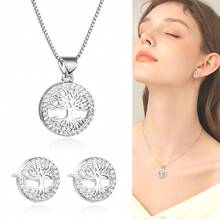 Delicate Round Platinum Necklace And Earrings Set Tree Of Life Zirconia Studded 18k Gold Plated 925 Silver - 銀色 - 查看 1