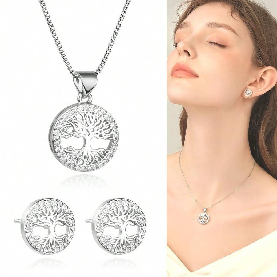 Delicate Round Platinum Necklace And Earrings Set Tree Of Life Zirconia Studded 18k Gold Plated 925 Silver - 銀色 - 查看 1