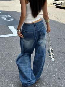 水洗中蓝色直筒复古牛仔裤，美式休闲牛仔女装春夏穿搭，宽松阔腿拖地裤，时尚牛仔裤 - 中等水洗藍 - 查看 3