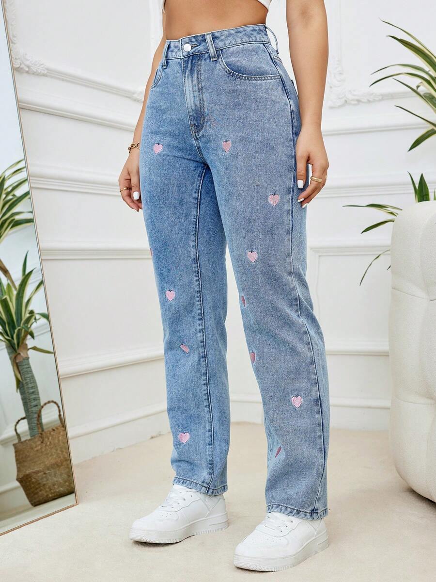 Women's Fashionable Casual Blue Elastic Snowflake Denim Pants With Pink Heart Embroidery Decoration, Soft And Comfortable For Spring, Summer, Autumn And Winter