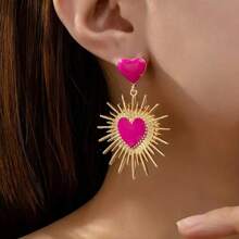 1 Pair Fashionable Minimalist Gold Metal Colorful Heart Drop Stud Earrings, Suitable For Daily Wear, Banquet, Party, Festivals