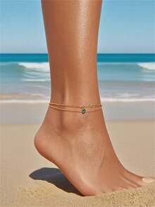 1 pièce Bijou de cheville à double couche style bohème avec décoration de strass ton or, convient pour le port quotidien et les vacances à la plage pour femmes