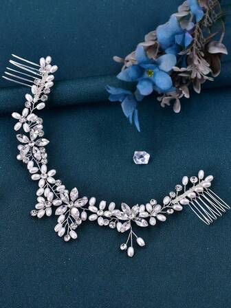 1pc Pearl & Rhinestone Bridal Hair Comb, Simple & Versatile Wedding Hair Accessory, Women Hair Clip, Silver Hair Accessory, Headband