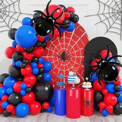 Set de 112 piezas de arco de guirnalda de globos con tema de araña negra, incluye globos de aluminio de araña negra y globos de látex negros, rojos y azules, perfecto para decoraciones de fiesta de cumpleaños, fondos decorativos, suministros para fiestas con tema de superhéroes de caricaturas