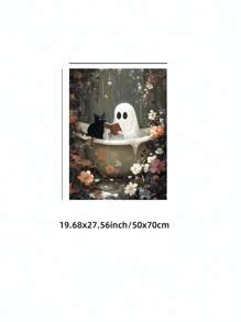 1 pezzo Fantasma nella vasca da bagno che legge con un gatto nero, opera d'arte murale per decorazione gotica da bagno, cartellone vintage senza cornice su tela per bagno/soggiorno/camera da letto gotica, regalo perfetto per Ognissanti e decorazione per feste (pittura gotica, pitture, stampe murali, stampe da parete, cartellone funky, ritorno a scuola, vacanze, spiaggia, laurea)
