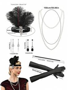D EXCEED 4/5/6PCS Women's 1920s Flapper Accessories Retro Party Props Gatsby Charleston Feather Headwear Faux Pearl Necklace Earrings With Long Gloves, Suitable For Women's Halloween Party Dress Accessories - Multicolor - View 12
