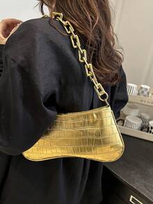Bolso de mano tipo baguette con cadena gruesa dorada y estampado de cocodrilo para mujer - Dorado - Ver 4