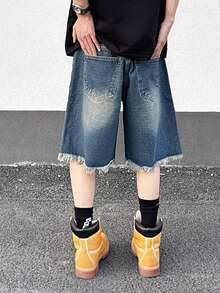 Men's Jeans Fashionable Vintage Washed Loose Fit Ripped Frayed Denim Shorts, Bermuda Shorts - Blue - View 5