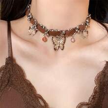 1Pcs Bohemian Butterfly Choker Necklace - Adjustable Leather Collar With Metal Beads & Glass Gem Accents, Vintage Festival Necklace For Music Events, Y2K Brown Goth Jewelry - 棕色 - 查看 12