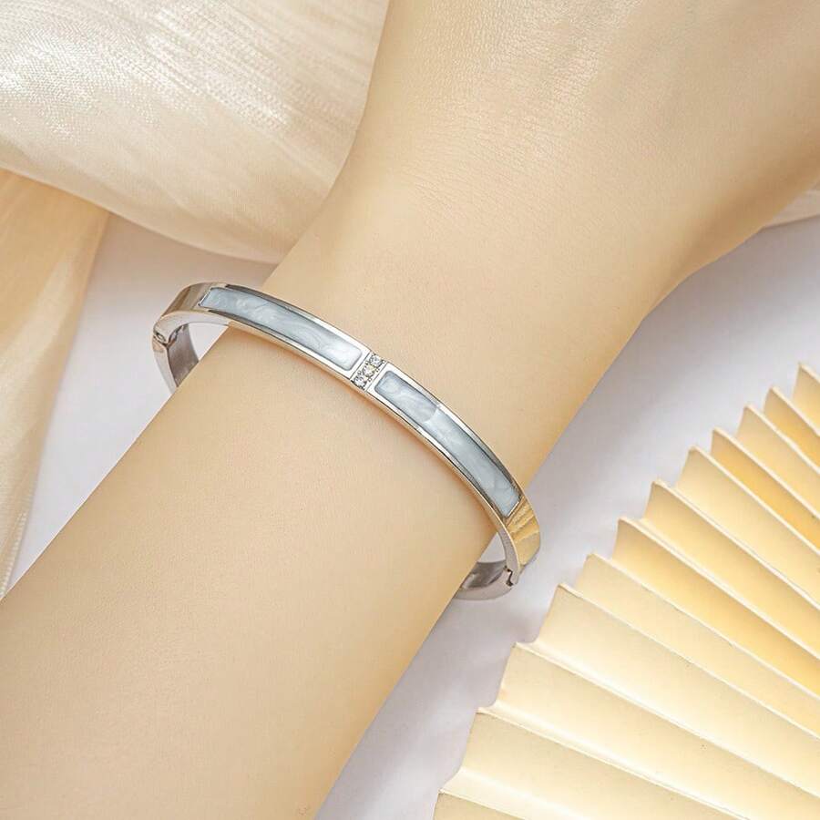 1 pièce Bracelet en acier inoxydable de mode minimaliste de luxe exquis et personnalisé, avec coquillage brillant et strass, convenant pour le port quotidien et les cadeaux, accessoire de style
