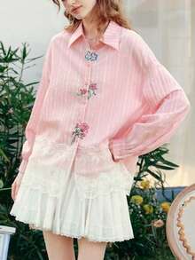 Vêtements d'automne pour femmes, chemise rose brodée pour femmes, associée à un Top brodé de dentelle, une chemise féminine à la mode et élégante, un incontournable pour les sorties décontractées. Top à manches longues pour femmes en automne-hiver, nouveaux vêtements pour femmes à la mode avec rayures brodées, costume d'Halloween - Rose bonbon - Voir 6
