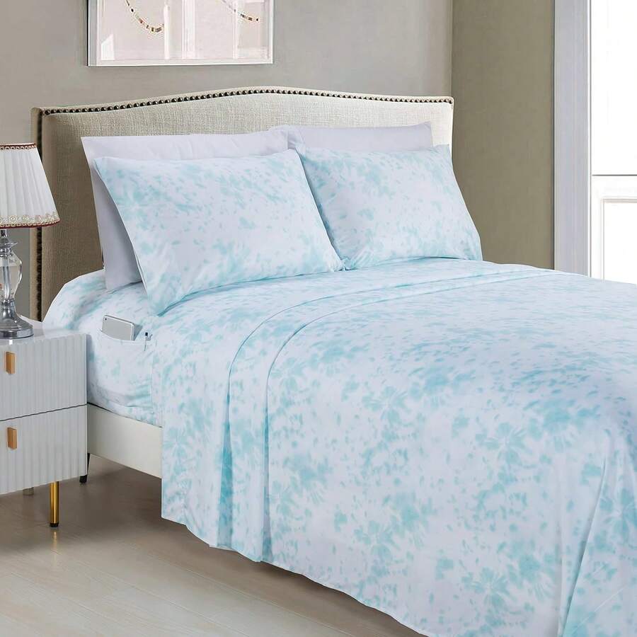 Aria Tie-Dye 4-Piece Sheet Set, 1500 Premium Hotel Quality Microfiber, Spiral Tie-Dye, Soft, Fade And Wrinkle Resistant, Fitted Sheet With Smart Pockets, 4PC Tie-Dye Twin, Aqua - 淡黃色 - 查看 1