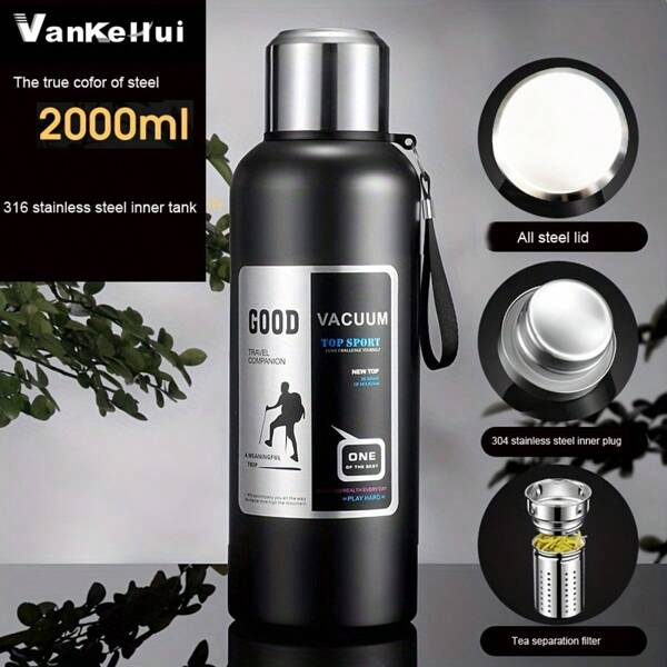 1 Piece 2000ml/66oz Stainless Steel Insulated Water Bottle - Tumbler Coffee Cup Car Cup Water Cup Large Capacity, Leakproof, Portable, Suitable For Outdoor Activities, Mountain Climbing, Camping Water Bottle Sports And Travel - With Lid Can Be Used As A Water Cup
