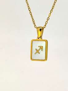 TONSI 1pc Stainless Steel Square Seashell Zodiac Pendant Necklace, Versatile Design Suitable For Women - Yellow Gold - View 15