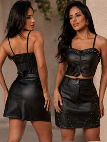 Elegant Women's Set In Leather Skirt And Cropped Top With Elastic Back Straps - màu đen - Xem 3