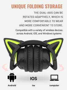 Cat Style Gaming Headset With Colorful LED Lights, Long Playback, With Microphone, Foldable, With Deep Bass, HiFi Stereo Suitable For Tablets And Mobile Phones